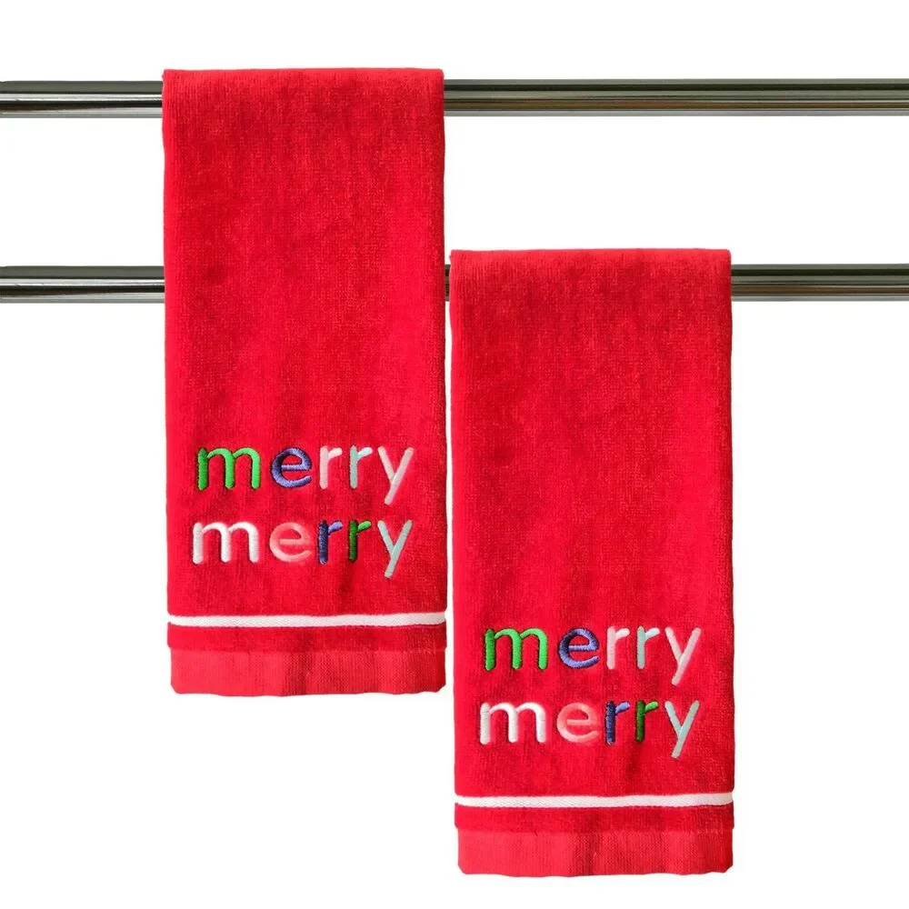 Merry Merry Christmas Hand Towels Red Holiday Winter Embroidered Set of 2